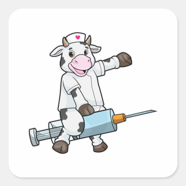 Kuh als Krankenschwester mit Herz und Spritze Quadratischer Aufkleber (Vorderseite)