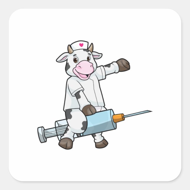 Kuh als Krankenschwester mit Herz und Spritze Quadratischer Aufkleber (Vorderseite)