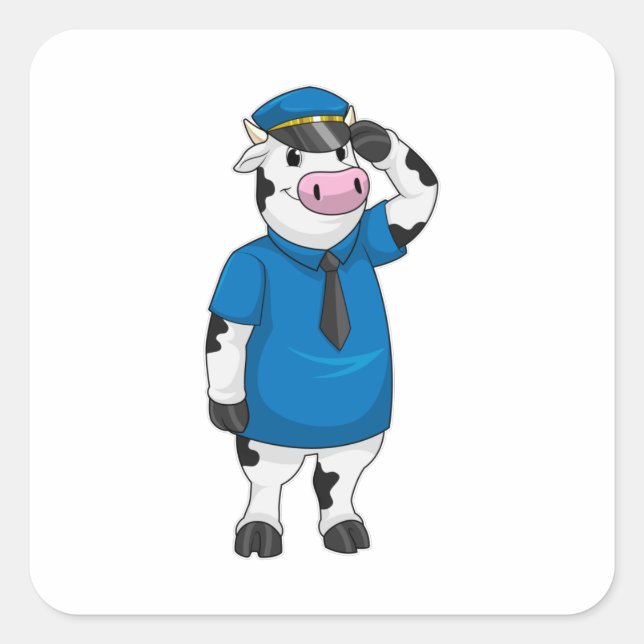 Kuh als Polizeibeamter mit Polizeihut Quadratischer Aufkleber (Vorderseite)