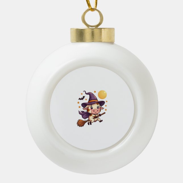 Kuh auf einem Broomstick Keramik Kugel-Ornament (Vorderseite)