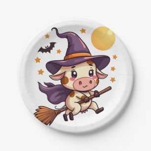 Kuh auf einem Broomstick Pappteller