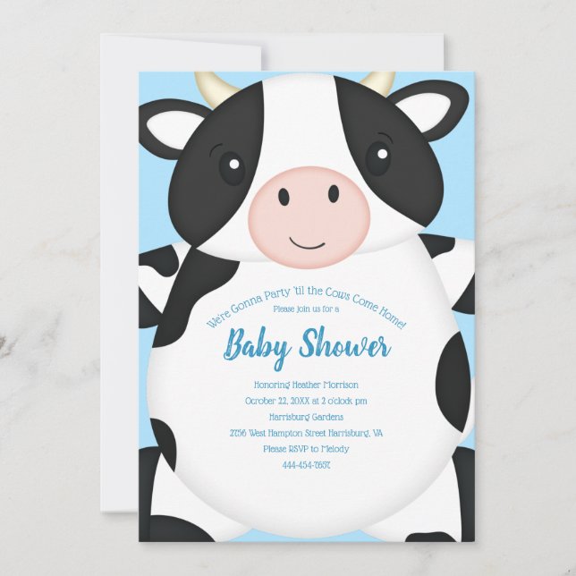 Kuh Baby Dusche Blue Einladung (Vorderseite)