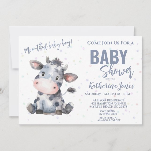 Kuh Baby Dusche Dusty Blue Boy Farm Einladung (Vorderseite)
