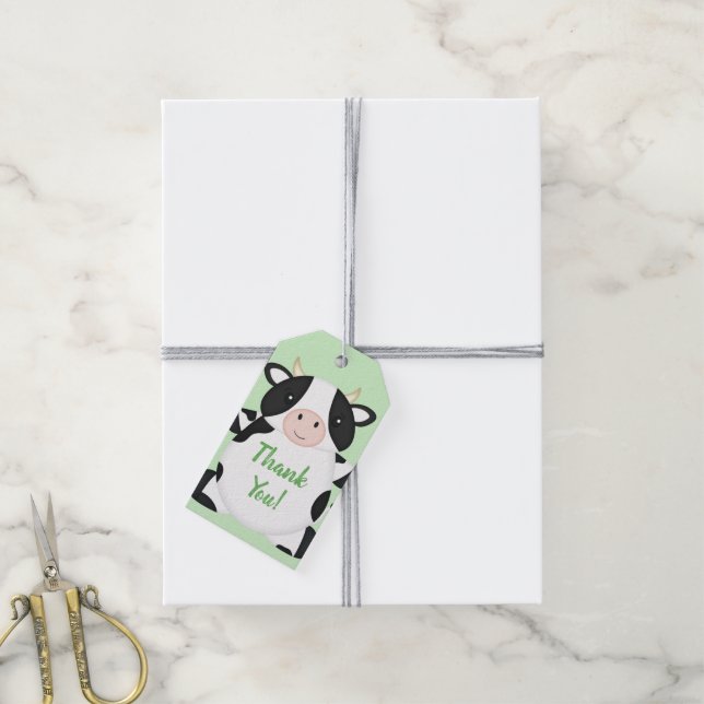 Kuh Baby Dusche Grün Geschenkanhänger (Mit Garn)