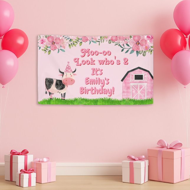 Kuh Barn Pink Girls 2. Geburtstag Banner (Moo--oo Look Who's Two little girl's cow/farm animal birthday banner)