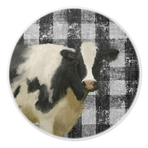 Kuh Bauernhof Rustikales Schwarz n Weiß Gingham K Keramikknauf