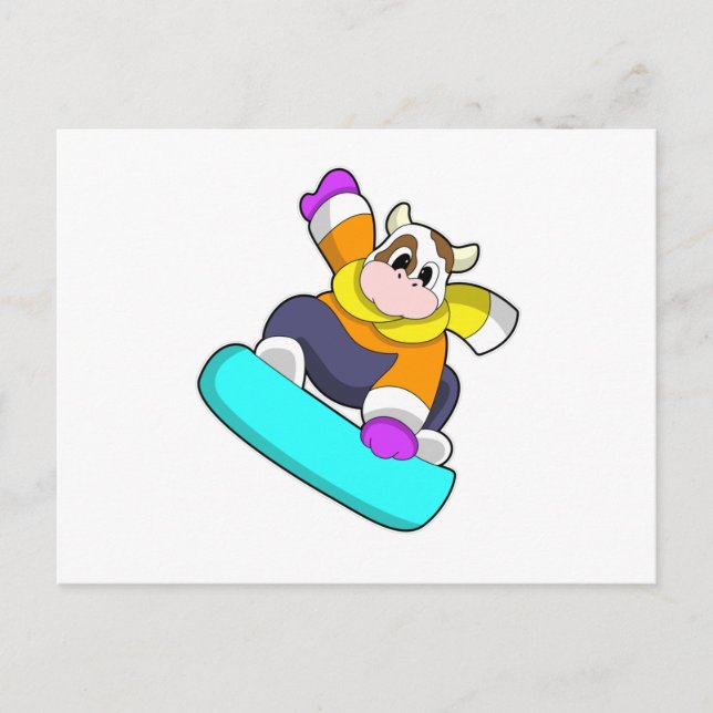 Kuh beim Snowboarden mit Snowboard Postkarte (Vorderseite)