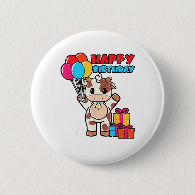 Kuh Birthday Balloon Thema Cattleman Bauer Niedlic Button (Vorderseite)