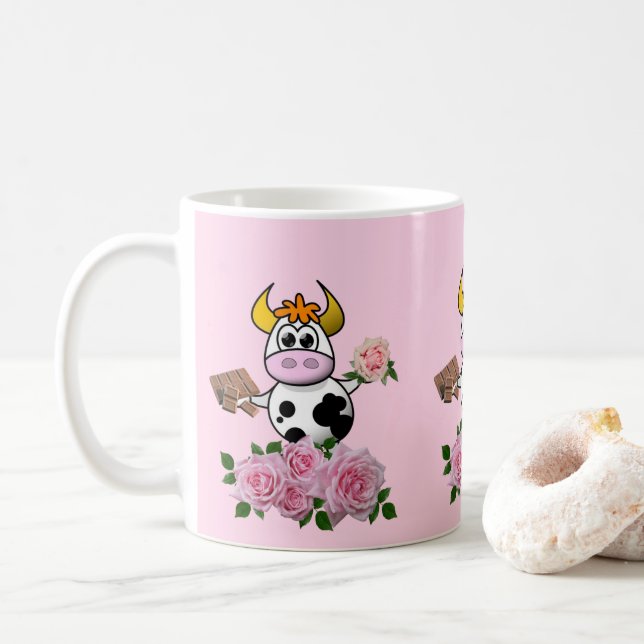 Kuh Blumenrosa Rosen Schokolade Tasse (Mit Donut)