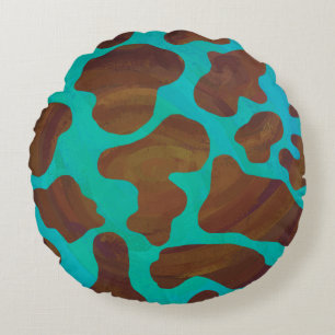 Kuh Brown und aquamariner Druck Rundes Kissen