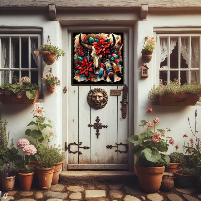 Kuh Bull Skull Feathers Poinsettias Südwesten Fensteraufkleber (Von Creator hochgeladen)