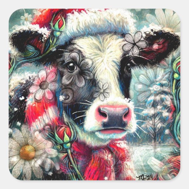 Kuh Dreaming der wärmeren Zeiten Aquamarin Rote Fl Quadratischer Aufkleber (Vorderseite)