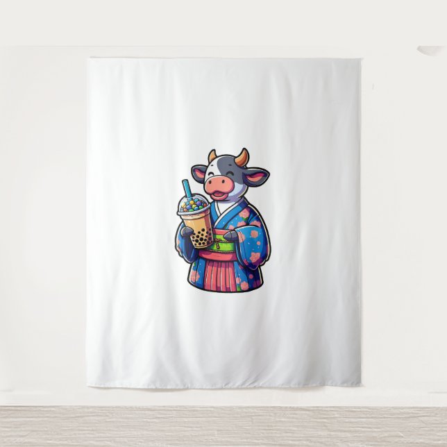 Kuh Drink Bubble Tee Japanischer Kimono _2 Wandteppich (Vorderseite)