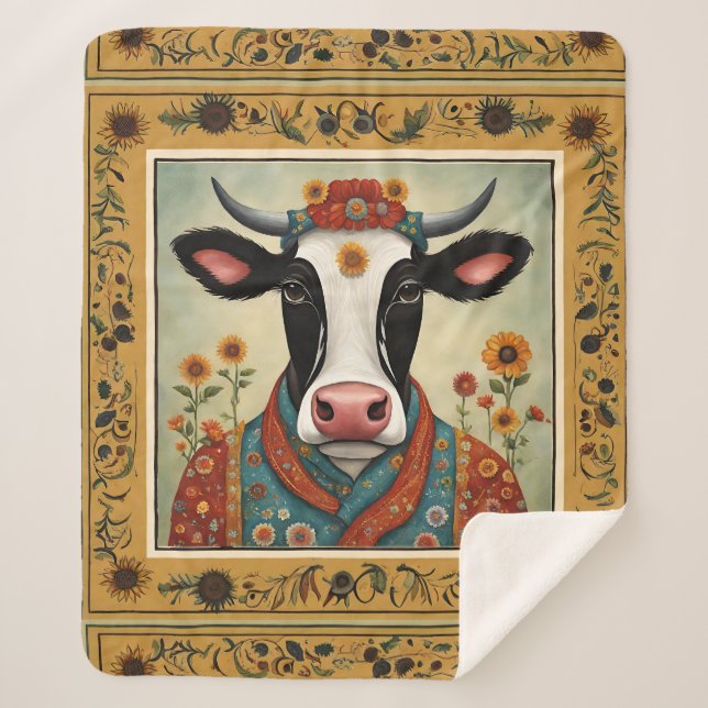 Kuh Folk Art Floral Sherpadecke (Vorderseite)