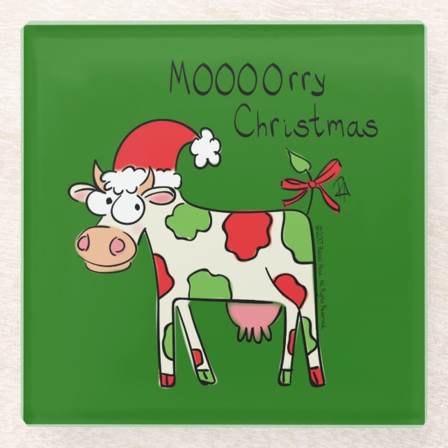 Kuh Funny Cartoon Weihnachtsfeiertag Glasuntersetzer (Vorderseite)