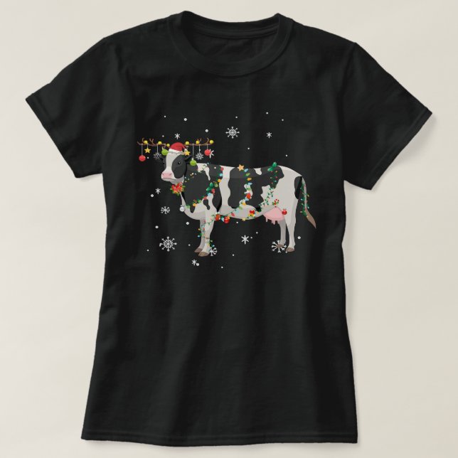 Kuh Funny Cow Rentier Weihnachtsbeleuchtung Pajama T-Shirt (Design vorne)
