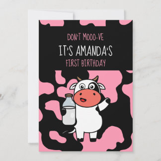 Kuh Funny Farm Animal Themed Girl 1. Geburtstag In Einladung