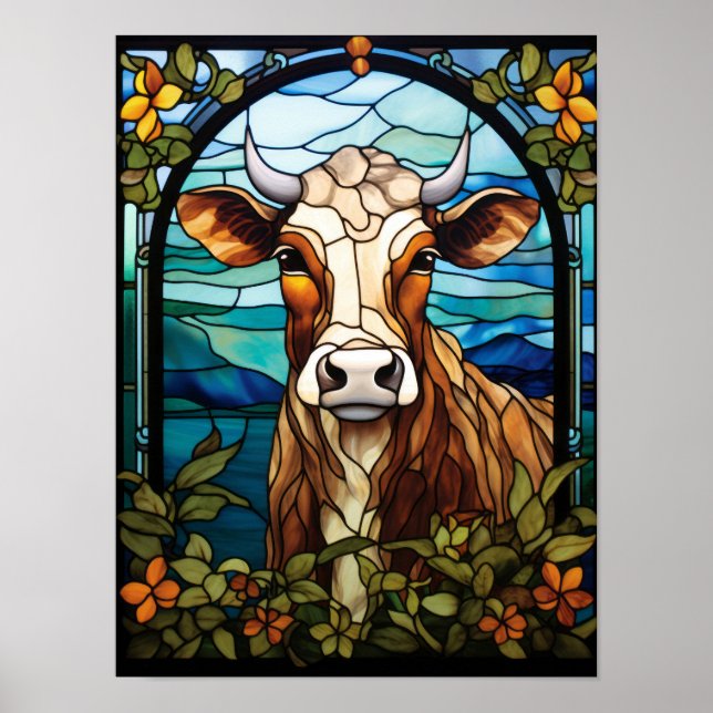 Kuh Glasmalerei Kunst Blumenförmiges gerahmtes Por Poster (Vorne)