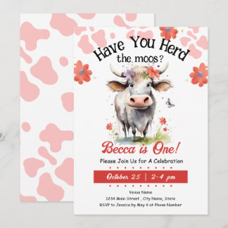 Kuh Herd moos 1st Birthday Girl Einladung