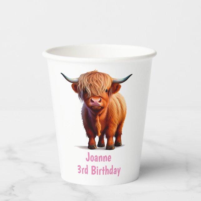 Kuh Highland HAPPY BIRTHDAY PINK Paper Cups Pappbecher (Vorderseite)