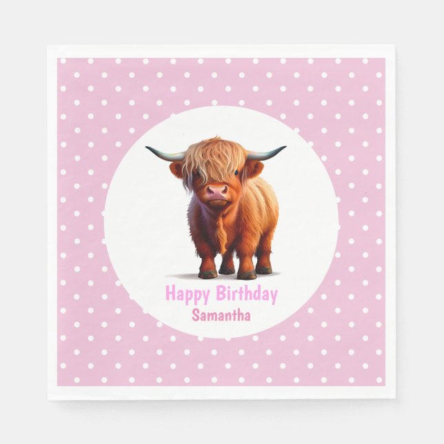 Kuh Highland Pink Balloons Poke Dots Serviette (Vorderseite)