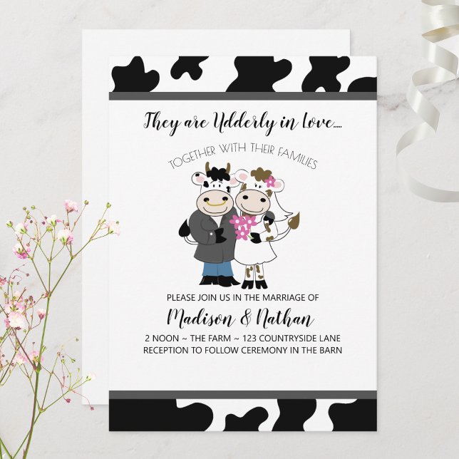 Kuh Hochzeit Niedliches Paar Ungeordnet in Liebe Einladung (Cute Cow Couple Wedding Invitation)