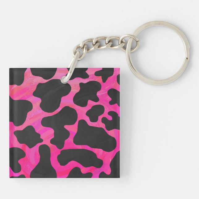 Kuh Hot Pink und Schwarz Print Schlüsselanhänger (Rückseite)