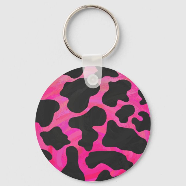Kuh Hot Pink und Schwarz Print Schlüsselanhänger (Vorderseite)