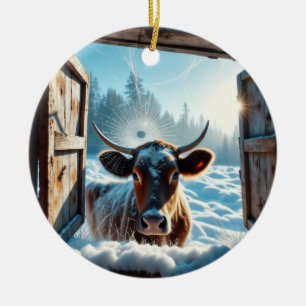Kuh im Schnee Keramik Ornament