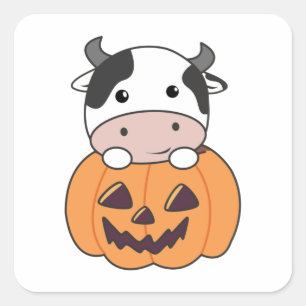 Kuh in Pumpkin Niedliche Kühe glückliche Halloween Quadratischer Aufkleber