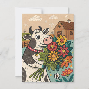 Kuh mit Blumen süße Volkskunst Stil Postkarte