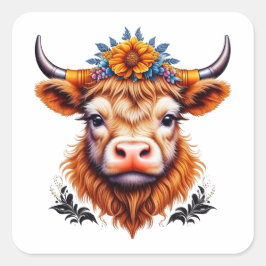 Kuh mit Gelbblüte Quadratischer Aufkleber