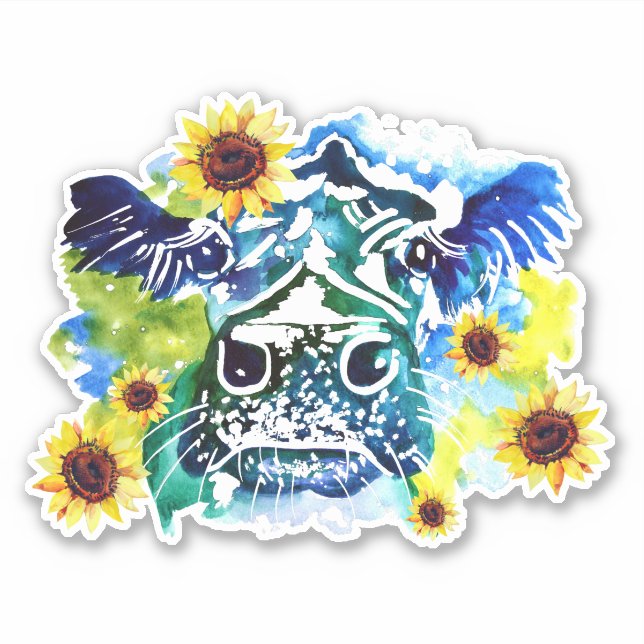 Kuh mit Sonnenblumen, maßgeschneidert Vinyl Sticke Aufkleber (Vorderseite)