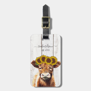 Kuh mit Sonnenblumenkrone Farmhouse-Stil-Tasche Gepäckanhänger