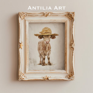 Kuh mit Strohhut Whimsisches Farm Animal Calf Poster