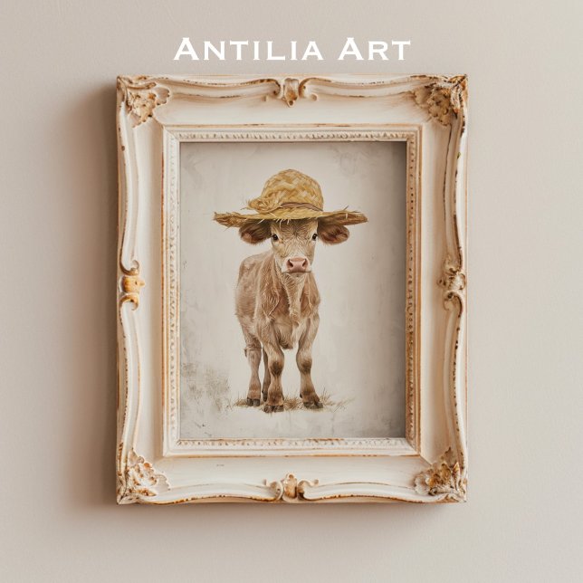Kuh mit Strohhut Whimsisches Farm Animal Calf Poster (Von Creator hochgeladen)