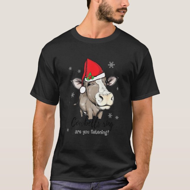Kuh mit Weihnachtsmannmütze Funny Cowbell Ring sin T-Shirt (Vorderseite)