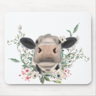 Kuh Nasenkuss Blumen Aquarell grau Bauernhoftier Mousepad