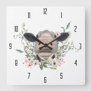 Kuh Nasenkuss Blumen Aquarell grau Bauernhoftier Quadratische Wanduhr