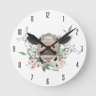 Kuh Nasenkuss Blumen Aquarell grau Bauernhoftier Runde Wanduhr