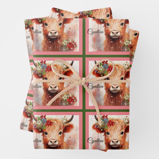 Kuh Niedliches Weihnachtskind Name Rosa hinzufügen Geschenkpapier Set (Beispiel)