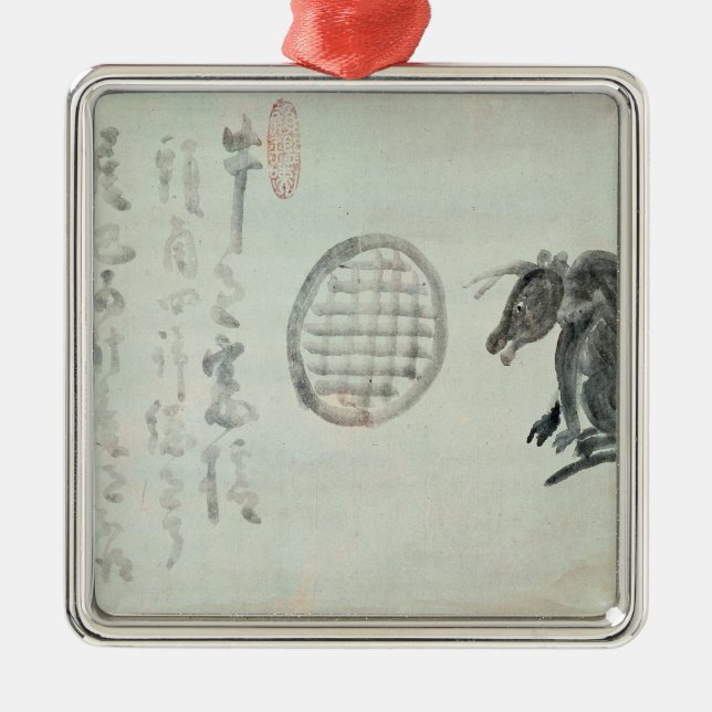 Kuh, ovales Fenster und Haiku Silbernes Ornament (Vorne)