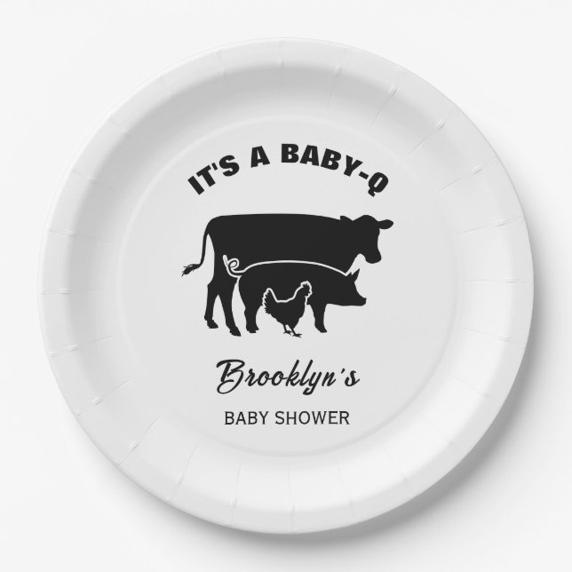 Kuh Pig Hühnchen BabyQ GRILLEN Baby Dusche Schwarz Pappteller (Vorderseite)