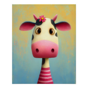 Kuh Portrait mit Blumen - rosa gestreift - Cartoon Poster