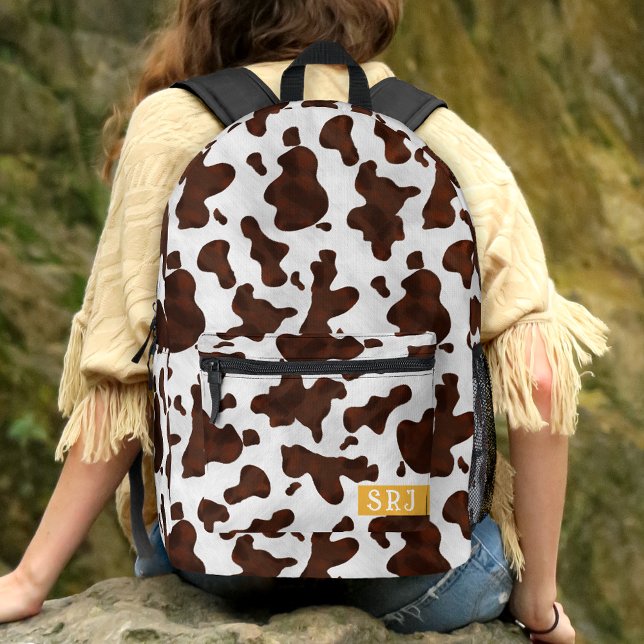 Kuh Print Brown Western Animal Spots Mit Monogramm Bedruckter Rucksack (Von Creator hochgeladen)