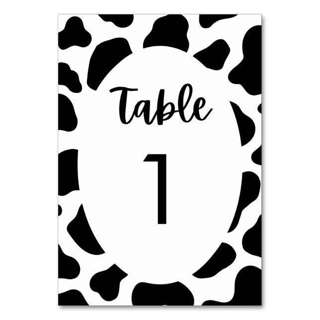 Kuh Print Cow Themed Wedding Table Tischnummer (Vorderseite)