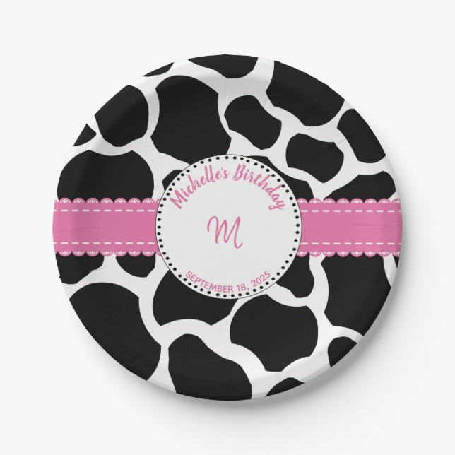 Kuh Print Pink Black Birthday Paper Plate Pappteller (Vorderseite)