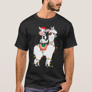 Kuh Reitendes Lama Leuchtet Santa Weihnachts-Pyjam T-Shirt