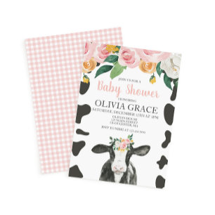 Kuh Rosa Blumen und Gingham Baby Shower Einladung