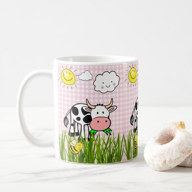 Kuh Rosa Karierte Blumenwolken Tasse (Mit Donut)
